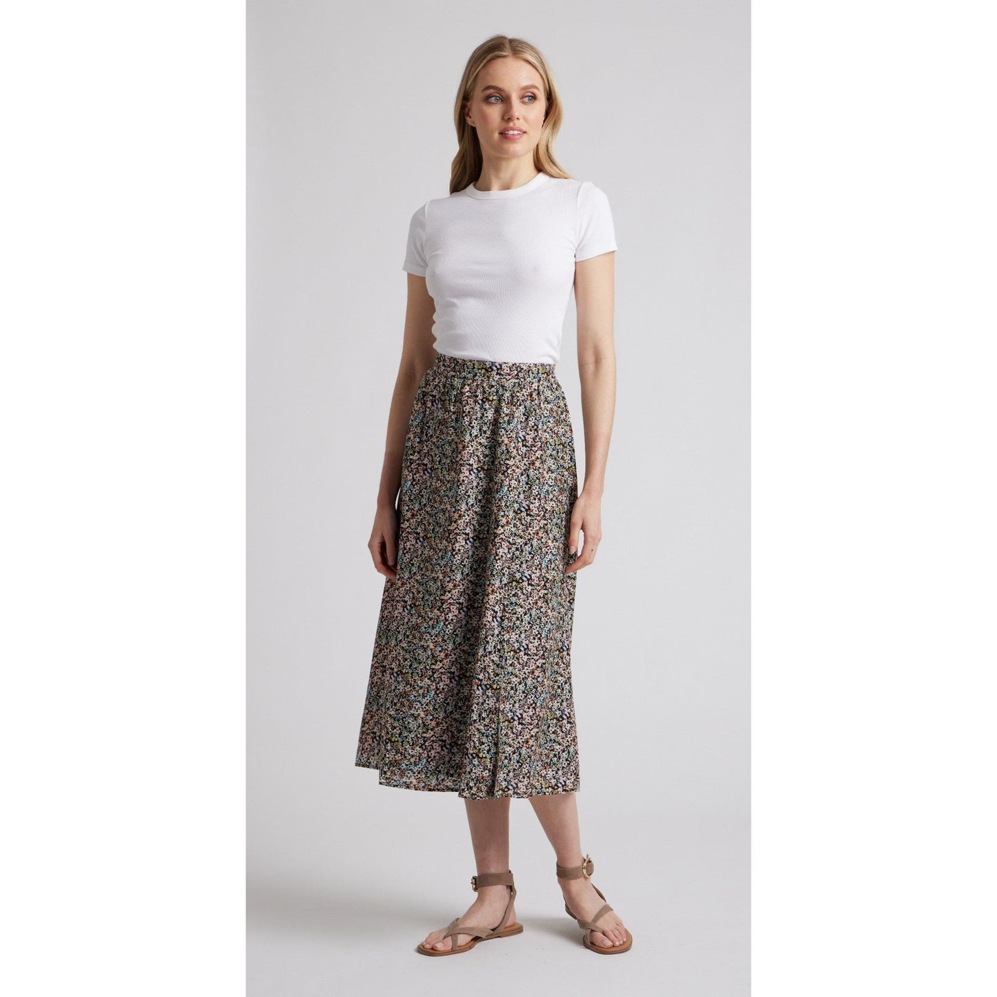 Amour Vert Maxine Silk Bamboo Midi Skirt in Sophie Black Floral